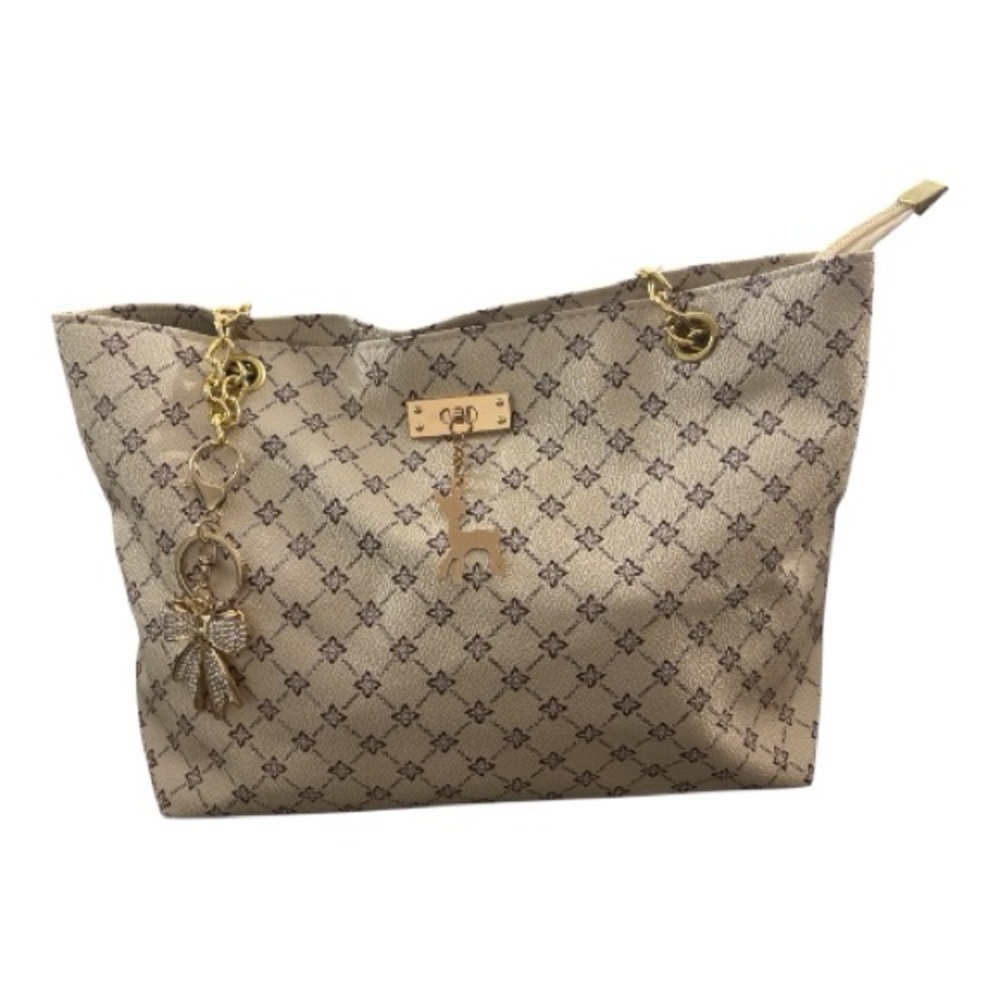 Beige Designer Tote Bag with Gold Accents